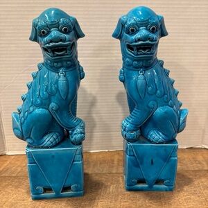 Antique Vintage Pair of Chinese Turquoise Blue Glazed 11.5" Foo Dog Figures EUC